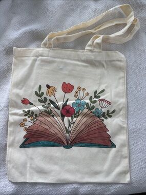 Cream Floral Book-Illustration Canvas Tote Bag
